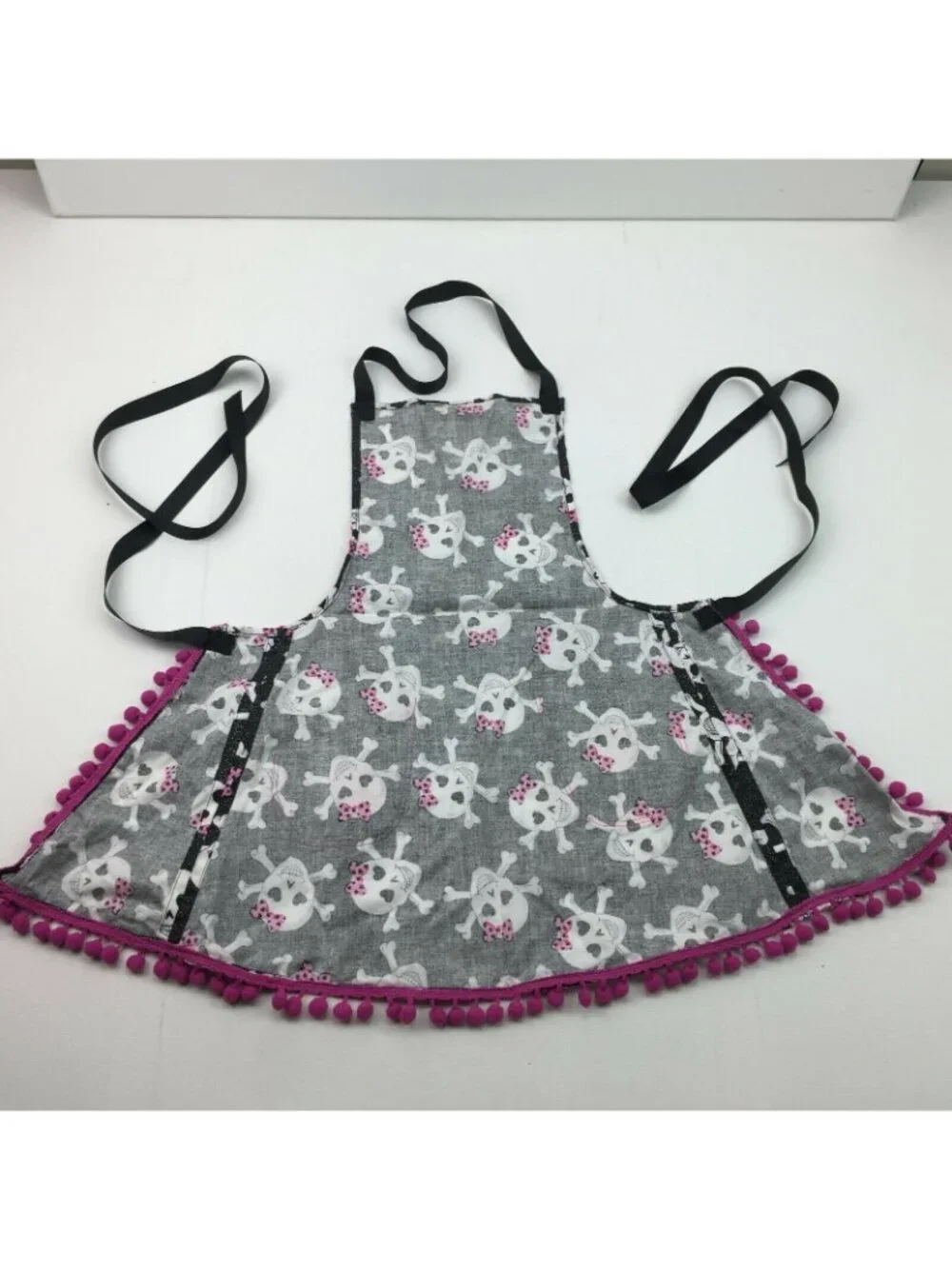 Girls Baking Apron for Kitchen Punk Rock Skulls With Bows Pink Pom Pom Ribbon